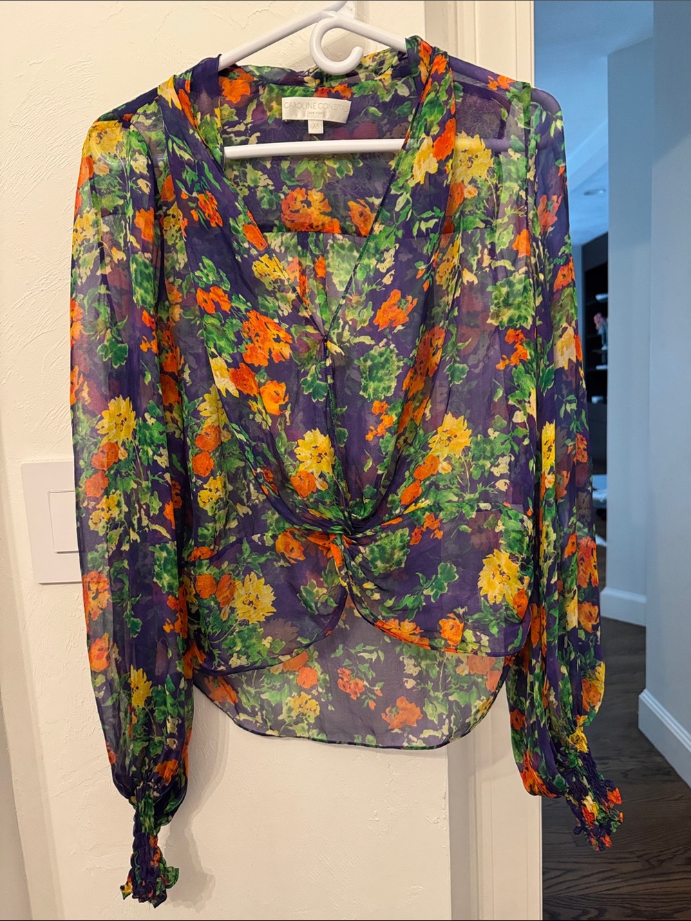 Caroline Constas Navy Floral Sheer Twist-Front Blouse size XS